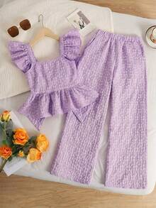 SHEIN 2pcs/Set Tween Girls' Casual Patchwork Solid Color Ruffle Hem Shirt And Pants Outfit - Purple - View 3