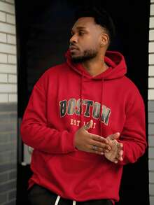 Heavens Edit 男士波士顿字母印花休闲连帽卫衣，返校季，秋冬季，长袖上衣 - 紅色 - 查看 6