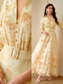 ZEYLAH Gaun Panjang Berkerah dengan Pinggang Ramping Jacquard, Elegan untuk Musim Semi/Panas - Kuning - View 7