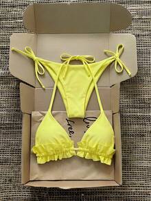 SHEIN MOD Conjunto de bikini y tanga triangular de unicolor con atar al cuello para mujer, atuendos de verano y vacaciones para mujer, conjunto de bikini con cuello de halter y lazos laterales en amarillo brillante, trajes de baño amarillos para mujer, bikini con volantes, Y2k, traje de baño elegante de playa para mujer, vintage, ropa de vacaciones para mujer - amarillo ganso - Ver 2