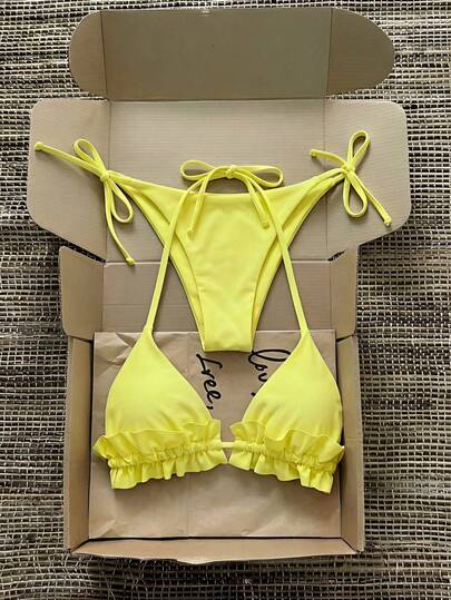 SHEIN MOD Women's Summer Beach Solid Color Halter Tie Sexy Bikini And Triangle Panty Swimsuit Set, Summer, Holiday Outfits For Women, Women's Ruffle Trim Halter Neck Tie Side Bikini Set In Bright Yellow, Yellow Bathing Suits For Women, Ruffle Bikini, Y2k, Women's Elegant Beach Swimsuit, Vintage, Western Wear Women