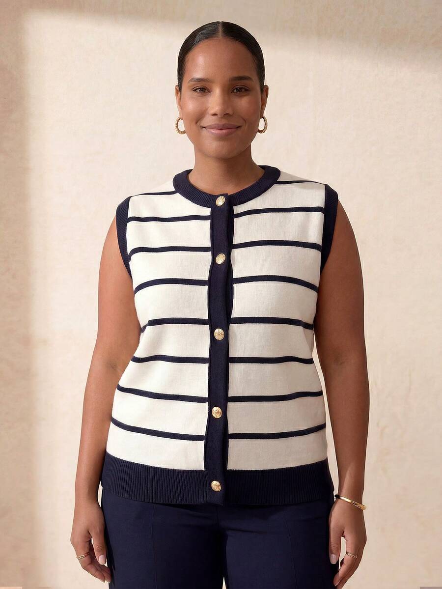 ELLERISSA Chaleco elegante de rayas curvas para mujer, chaleco de punto a rayas blancas y azul marino con botones, uso casual de primavera, prenda de capa, chalecos talla grande para mujer, atuendos de oficina, uso diario, chaleco de punto, uso profesional, blusa casual elegante - Azul Marino - Ver 1