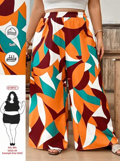 SHEIN CURVE+ Curve Size US22Music Festival, Seaside Vacation, BohemiaWomen's 2026 Spring/Summer New Vacation&Vacation Multi-Color Pattern Element Print Loose And Extra Long Women's Pants