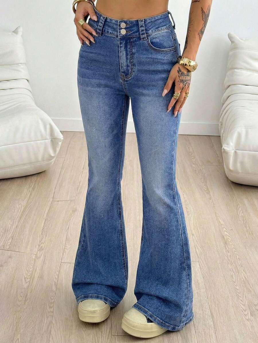 Jeans acampanados de verano para mujeres y adolescentes, minimalistas y casuales, lavado vintage azul profundo, diseño de doble botón de cintura alta, estilo retro americano Y2K elegante, pantalones acampanados elásticos - Azul - Ver 1