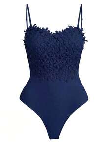 Rometta Plus Size Spaghetti Strap Floral Decor Ruffle Trim Camisole, Summer - Navy Blue - View 1