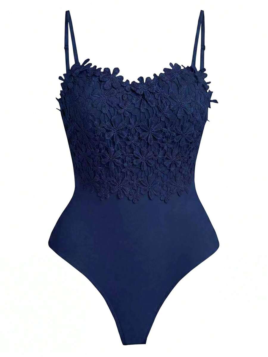 Rometta Plus Size Spaghetti Strap Floral Decor Ruffle Trim Camisole, Summer - Navy Blue - View 1