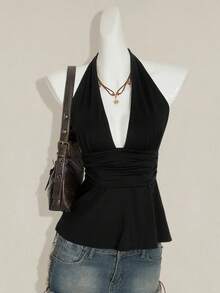 SHEIN PETITE CURVE قميص كاميسول صيفي مريح للنساء ذوات الأحجام الكبيرة، بلون أحادي، مطوي الخصر، ظهر مكشوف، رباط أمامي - الأسود - مشاهدة 2