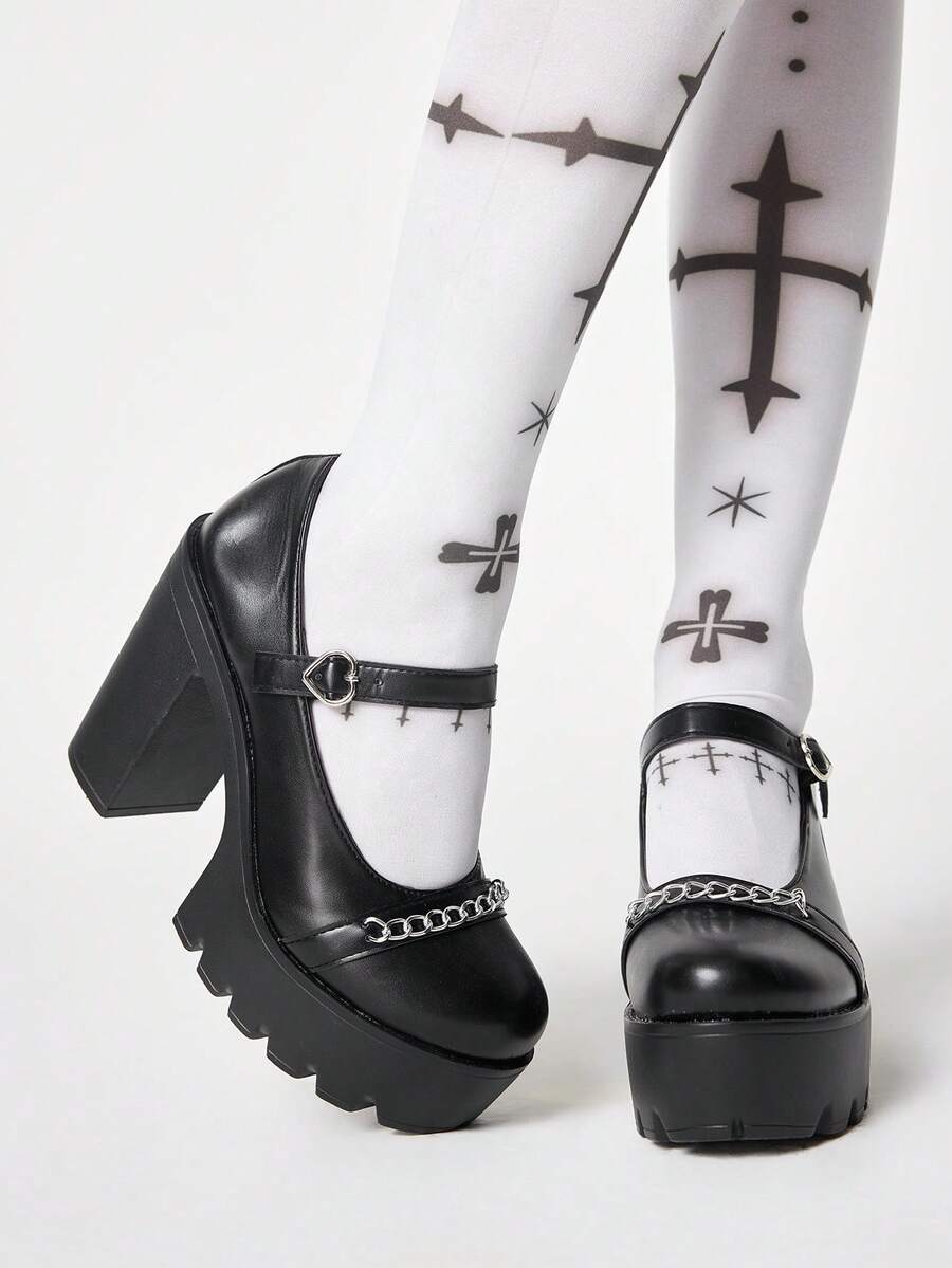 ROMWE Grunge Punk 女士高跟鞋暗黑摇滚朋克哥特风鞋 Y2K派对礼服鞋粗跟包头玛丽珍小号皮鞋交叉绑带爱心JK制服鞋 - 黑色愛心鏈條 - 查看 1
