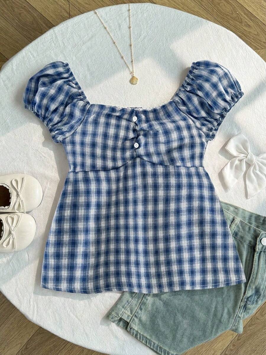 SHEIN Tween Girls' Casual Collared Waist Cinched Short Sleeve Cropped Shirt,Kids - Blue - View 1