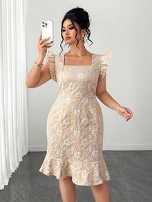 Elenzga Plus Size White Printed Woven Textured Fabric Bodycon Fishtail Dress,Elegant Square Neck Cap Sleeve Summer Bridal Wedding Guest Dress Women's - Apricot - View 5