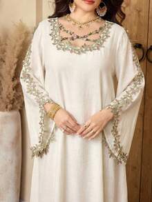 SHEIN Najma Plus Size Women Elegant Embroidered Applique Flare Sleeve Arabic Style Dress - Apricot - View 1
