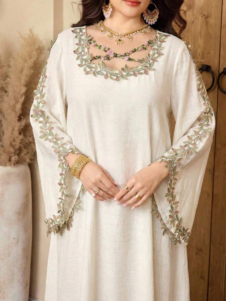 SHEIN Najma Plus Size Women Elegant Embroidered Applique Flare Sleeve Arabic Style Dress - Apricot - View 1