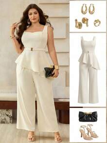 Roveilla Plus Size Women's Elegant Wedding White Summer 2 Pieces Set,Solid Asymmetric Hem Peplum Camisole&Wide Leg Pants,French Vintage Formal Office Outfit - Apricot - View 9