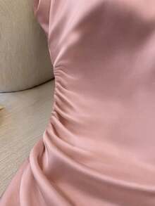 Franclia Blusa elegante de mujer con cuello redondo, cintura ceñida, plisada, de manga corta, versátil, de color melocotón claro sólido - Rosa vieja - Ver 6