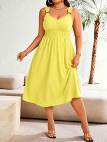 Ceyna Plus Size Solid Color Pleated Casual Summer Dress Maxi Women Outfit Beach Vacation Light Green - Yellow - View 1
