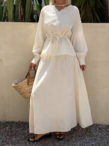 DAZY 女士休闲米色长款衬衫和长裙两件套，春夏款 - 米色 - 查看 5