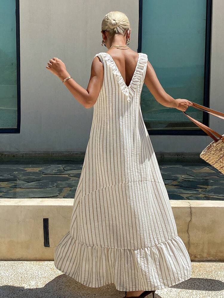 Ruffle V-Neck Striped Sleeveless Dress For Women