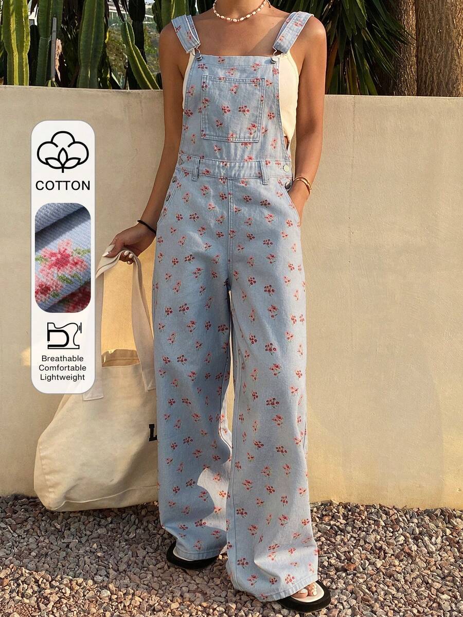 Livesso Bộ jumpsuit denim ôm dáng họa tiết hoa nhí màu xanh dương, thích hợp cho trang phục đi nghỉ mát mùa xuân và hè. - Màu xanh lam - Xem 1