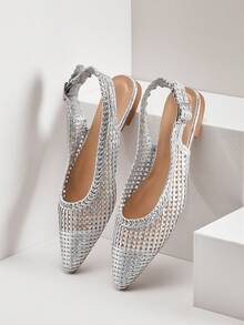 SHUZIA Mules de punta puntiaguda con correa trasera tejida de PU elegantes para damas - Plateado - Ver 7
