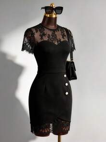 The Spring And Summer Elegant And Fitted Contrasted Lace Sheer Heart-Shaped Neckline Low-Cut Dress, With A French Hepburn Style Black Lace Patchwork Fitted Full-Skirted Dress, Belongs To A Cocktail Dress / Sophisticated Style. The Full-Skirt Is Decorated With Three Silver Metal Clasps On The Side, Adding Visual Highlights And Depth; The Hem Also Has A Lace Border, Enriching The Overall Details. Suitable For Occasions That Require Highlighting Elegance And Femininity, Such As Company Anniversarie - Black - View 6