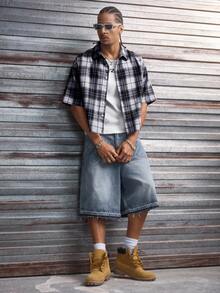 AXEPEAK 男士多尺码翻领短袖宽松印花侧缝拼接衬衫 - 黑色 - 查看 6