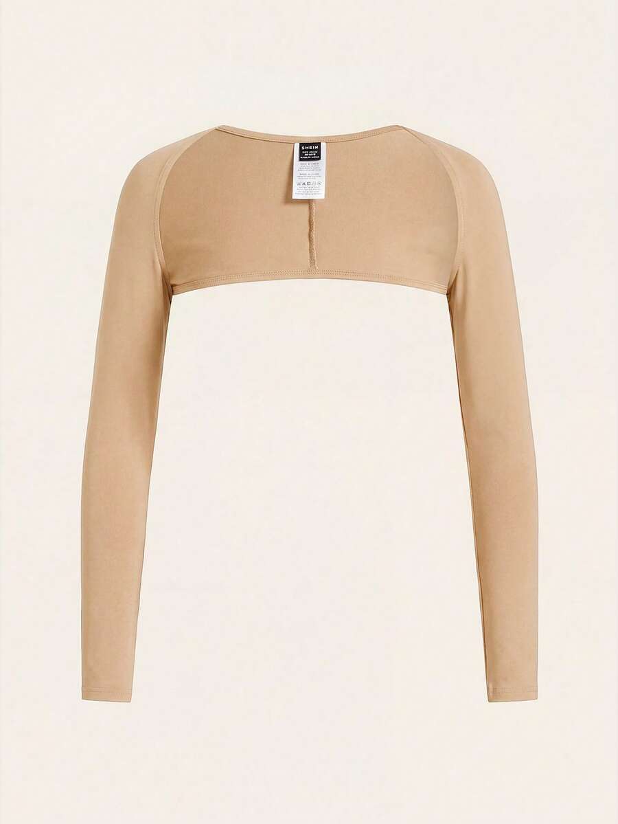 SHEIN BASICS 女士纯色长袖露脐上衣 - 卡其色 - 查看 1