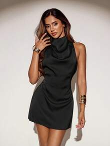 SHEIN ICON Elegant Backless Long Tie Neck Mini Dress - Black - View 4