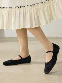 MOTF WOMEN'S RETRO ELEGANT EMBROIDERED VELVET ADJUSTABLE BUCKLE FLAT SHOES VALENTINE'S DAY - Black - View 6
