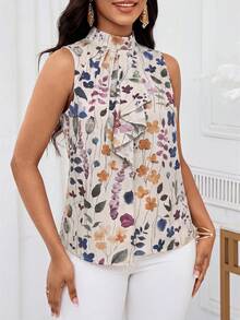 SHEIN Lady Áo kiểu nữ thanh lịch không tay, họa tiết hoa, viền bèo nhún, thích hợp cho mùa hè. - Nhiều màu - Xem 4