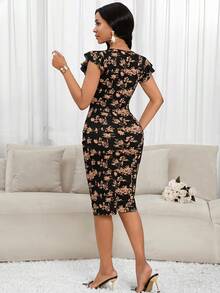 SHEIN Lady 女士V领印花荷叶边优雅中长连衣裙 女装连衣裙 中长连衣裙 女装连衣裙 - 彩色 - 查看 2