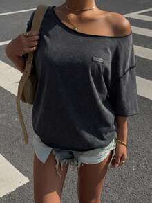 SHEIN EZwear Women's Casual Drop-Shoulder T-Shirt, Retro Vintage Style, Suitable For Street Wear - Black - View 3