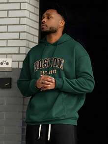 Heavens Edit 男士波士顿字母印花休闲连帽卫衣，返校季，秋冬季，长袖上衣 - 綠色 - 查看 1