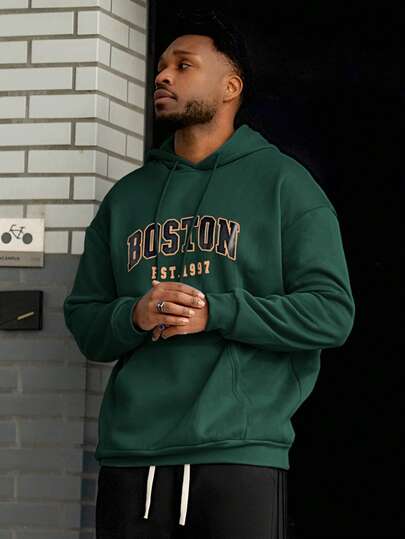 Heavens Edit 男士波士顿字母印花休闲连帽卫衣，返校季，秋冬季，长袖上衣