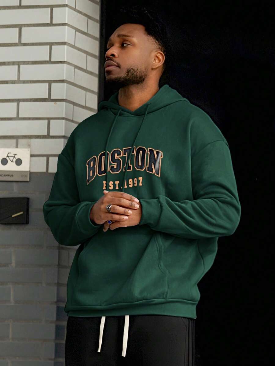 Heavens Edit 男士波士顿字母印花休闲连帽卫衣，返校季，秋冬季，长袖上衣 - 綠色 - 查看 1