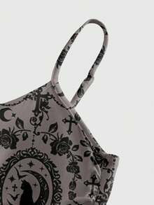 ROMWE Goth 哥特式神秘猫咪十字优雅玫瑰荷叶边A字连衣裙（女款） - 黑色 - 查看 3