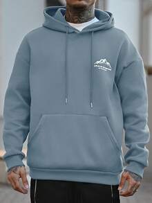Devon Thys 男士秋冬山地标语印花口袋抽绳休闲连帽卫衣，长袖上衣 - 淺藍色 - 查看 6