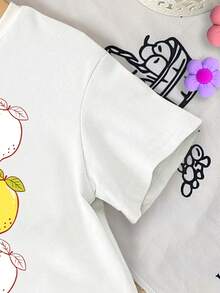 SHEIN Playful Pals 一套女婴甜美柠檬水果字母印花度假风短袖圆领T恤和撞色格子短裤套装，适合春夏穿着 - 彩色 - 查看 4