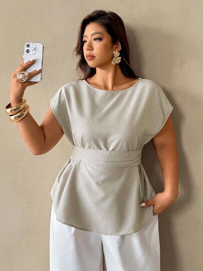 Auralis Áo kiểu dáng thanh lịch, cỡ lớn, màu trơn, cổ tròn, tay raglan, thích hợp cho mùa hè.