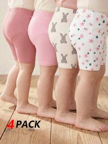 4件套女童柔软针织打底裤，轻薄夏季裤装，可爱兔子和花卉印花 - 彩色 - 查看 1