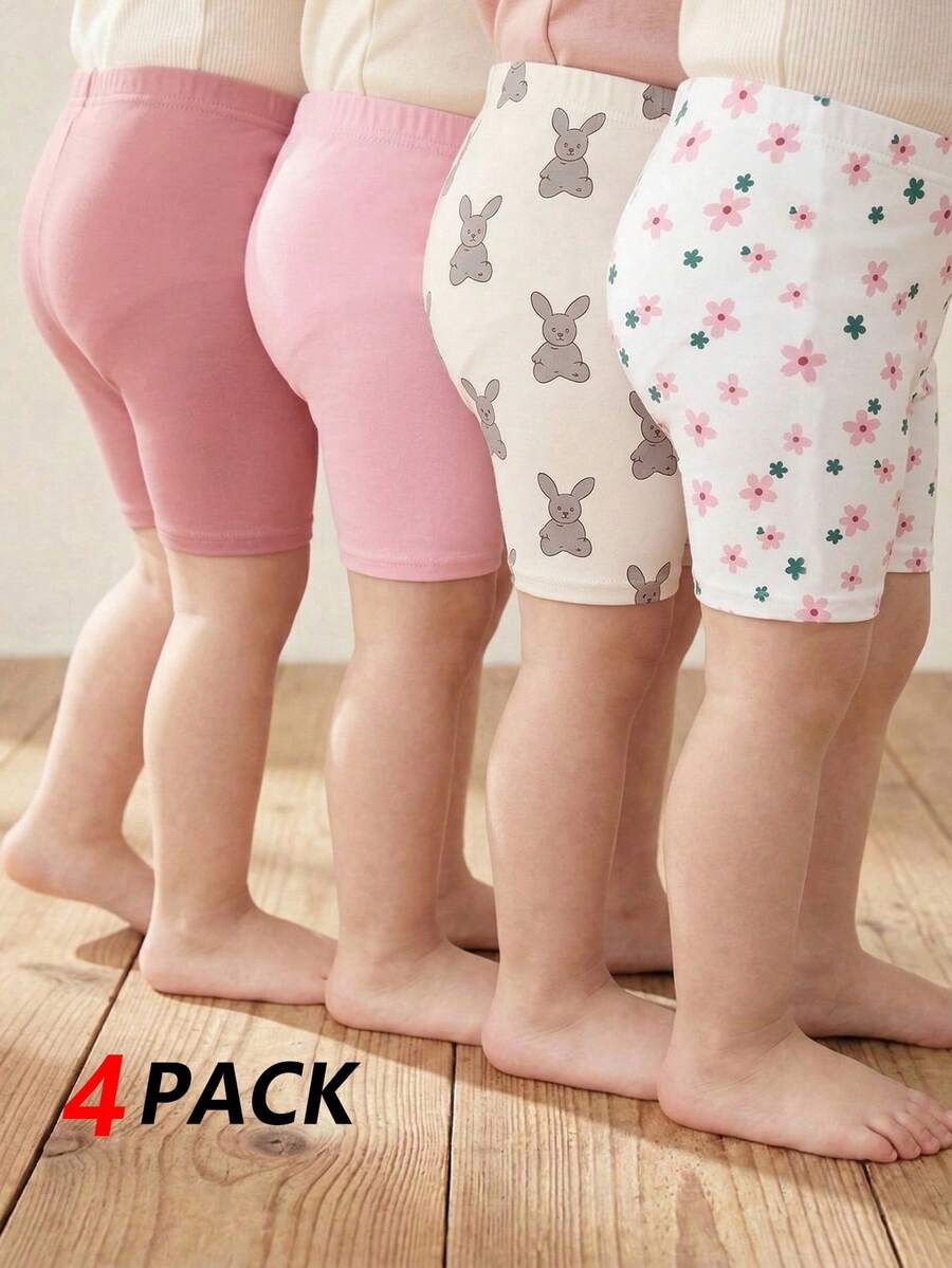 4件套女童柔软针织打底裤，轻薄夏季裤装，可爱兔子和花卉印花 - 彩色 - 查看 1