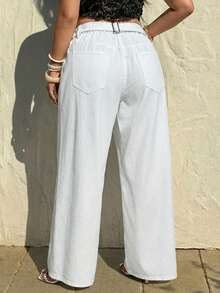 Rivivi Plus Size Women Fashion Casual Active Drawstring Washed Pocket Solid Color Wide Leg Jeans - White - View 2