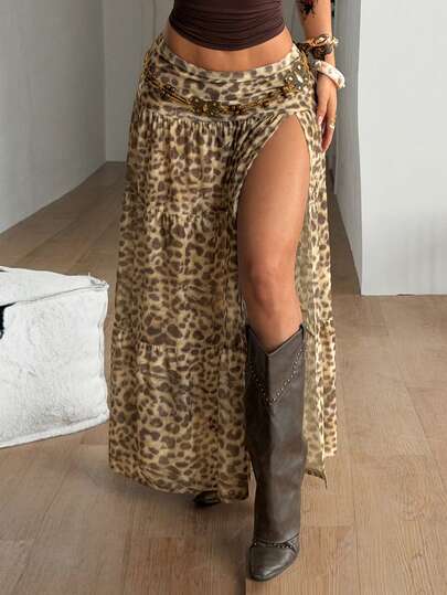 Coolane 性感豹纹网纱高开衩低腰女裙