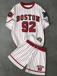 Aesthetic Post 男士复古美式棒球风酒红色撞色条纹92 N联盟街头时尚休闲圆领T恤套装 - 彩色 - 查看 1