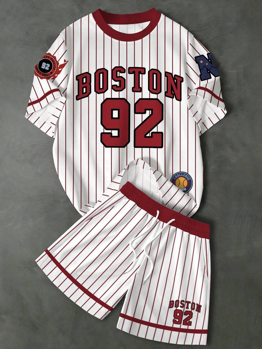 Aesthetic Post 男士复古美式棒球风酒红色撞色条纹92 N联盟街头时尚休闲圆领T恤套装 - 彩色 - 查看 1