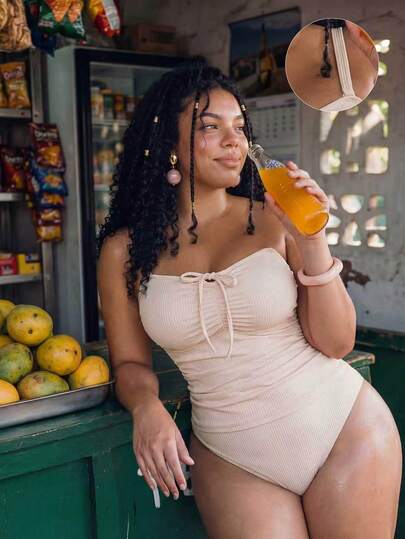 Swim Lushoire Bộ bikini dáng rộng cổ tròn, dây đeo rời, nơ phía trước, màu mơ, họa tiết gân sọc, size lớn, thích hợp cho bãi biển và kỳ nghỉ, mùa xuân/hè 2026.