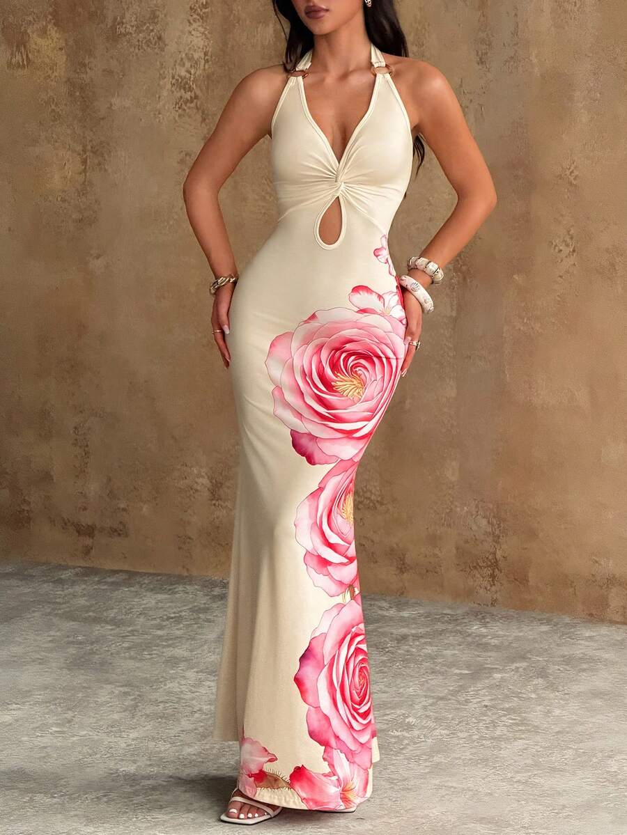Bluhae Women's Deep V-Neck Halter Maxi Dress Summer Elegant Romantic Vacation Floral Rose Pink Backless Hollow Waist Pleated Spaghetti Strap French Retro - Multicolor - View 1