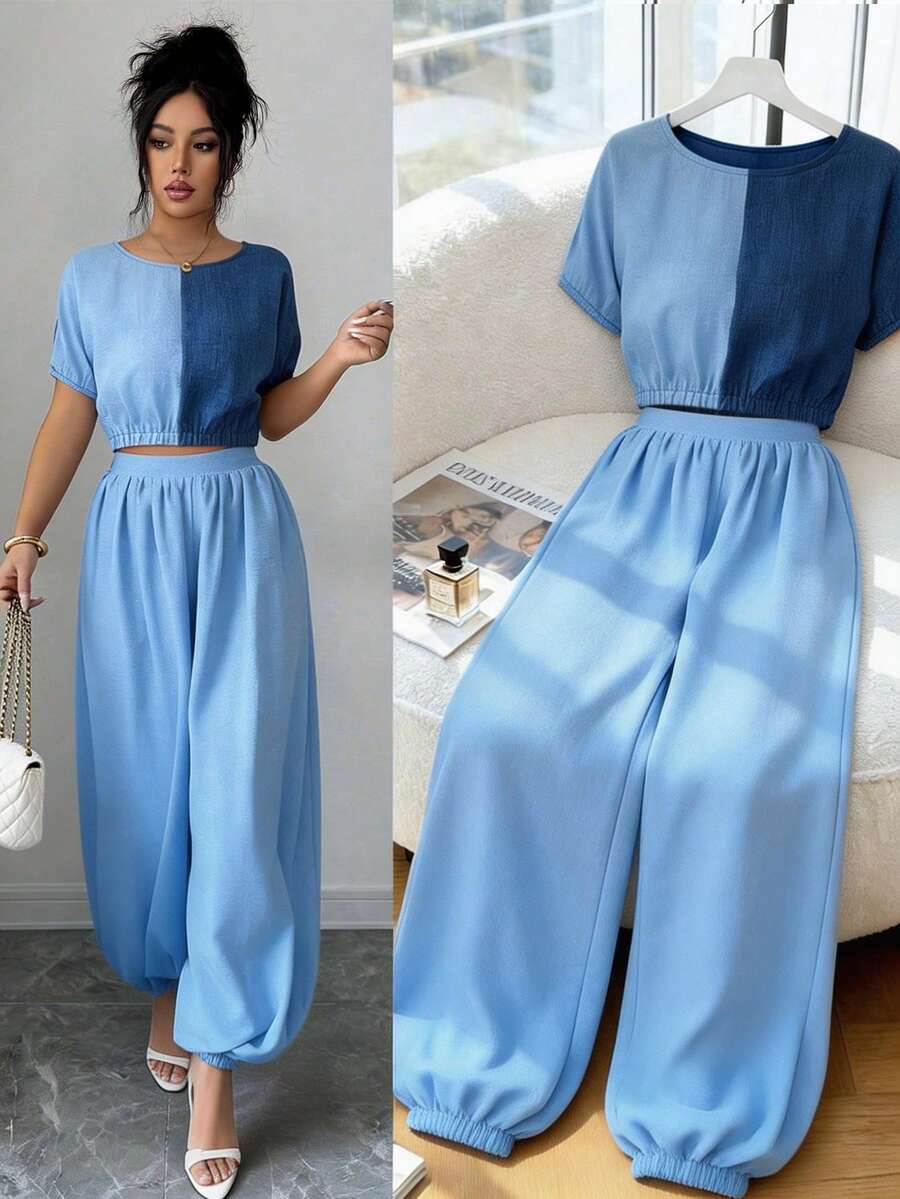 Selianne Städtisch-eleganter Resort-Stil Damen Frühling/Sommer Pendelanzug mit Patchwork, Rundhalsausschnitt, Kurzarm und taillierter Hose mit Glockenform, geeignet für den täglichen Gebrauch, Hochzeiten, Galas, Pendeln, Abschlussfeiern, Feiertage, Urlaub, Dates, Partys, Halloween, Weihnachten, Neujahr, Thanksgiving, Hochzeiten - Blau - Übersicht 1