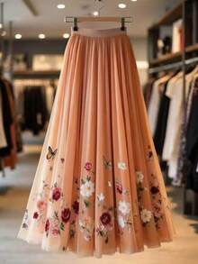 Franclia Soft Blush Tulle A-Line Long Skirt,Vintage Rose & Butterfly Print,Peach Summer Elegant Party Fairy Skirt For Women,Wedding Skirts For Formal Wear - Orange - View 2