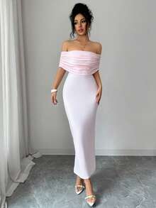 Xyvia 露肩褶皱腰身修身优雅浪漫连衣裙 - 粉色 - 查看 4