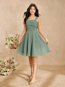 SHEIN Girls' Elegant Chiffon Solid Color Dress With Pleated Bust Design, Suitable For Daily Wear And Gatherings, Green, Spring/Summer - Green - View 5